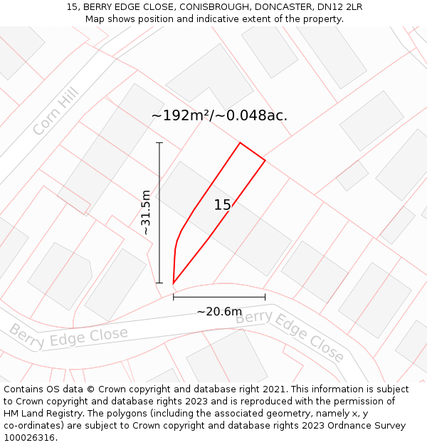 15, BERRY EDGE CLOSE, CONISBROUGH, DONCASTER, DN12 2LR: Plot and title map