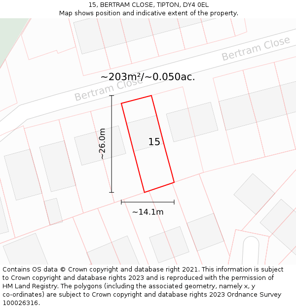 15, BERTRAM CLOSE, TIPTON, DY4 0EL: Plot and title map