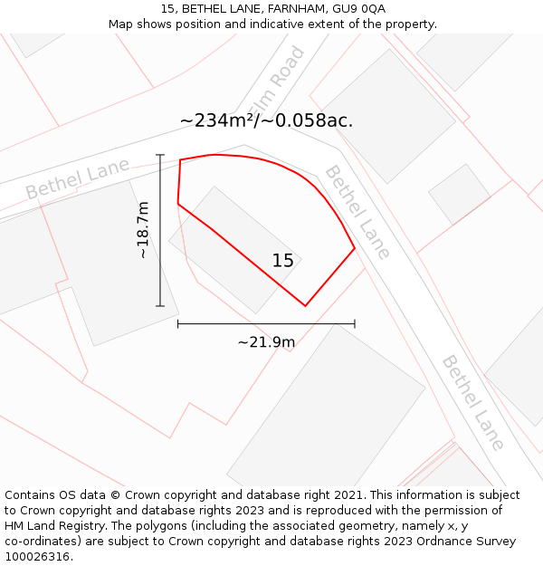 15, BETHEL LANE, FARNHAM, GU9 0QA: Plot and title map