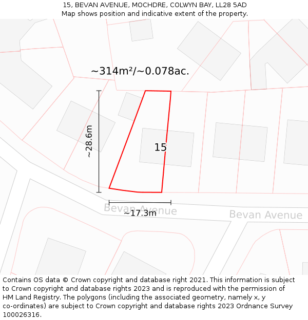 15, BEVAN AVENUE, MOCHDRE, COLWYN BAY, LL28 5AD: Plot and title map