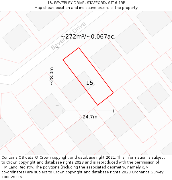 15, BEVERLEY DRIVE, STAFFORD, ST16 1RR: Plot and title map