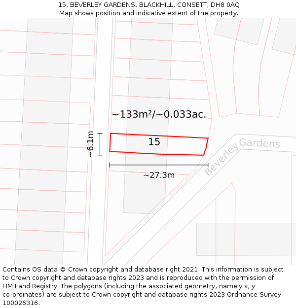 15, BEVERLEY GARDENS, BLACKHILL, CONSETT, DH8 0AQ: Plot and title map