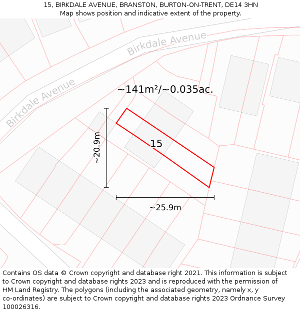 15, BIRKDALE AVENUE, BRANSTON, BURTON-ON-TRENT, DE14 3HN: Plot and title map