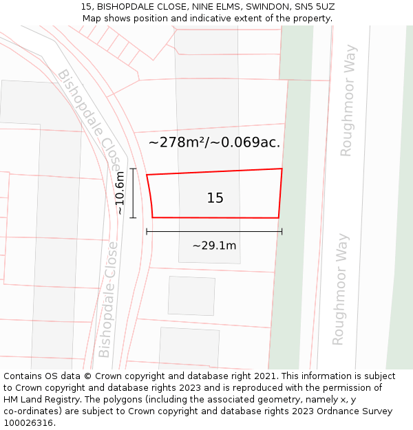 15, BISHOPDALE CLOSE, NINE ELMS, SWINDON, SN5 5UZ: Plot and title map