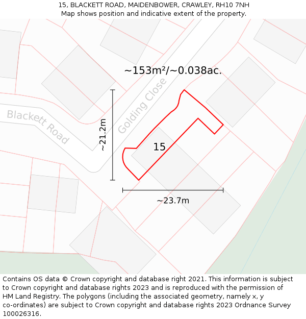 15, BLACKETT ROAD, MAIDENBOWER, CRAWLEY, RH10 7NH: Plot and title map