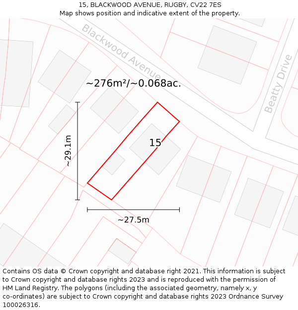 15, BLACKWOOD AVENUE, RUGBY, CV22 7ES: Plot and title map