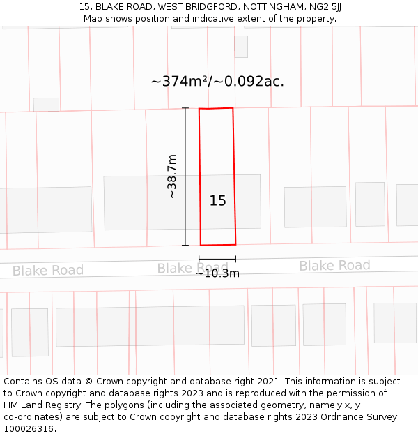 15, BLAKE ROAD, WEST BRIDGFORD, NOTTINGHAM, NG2 5JJ: Plot and title map