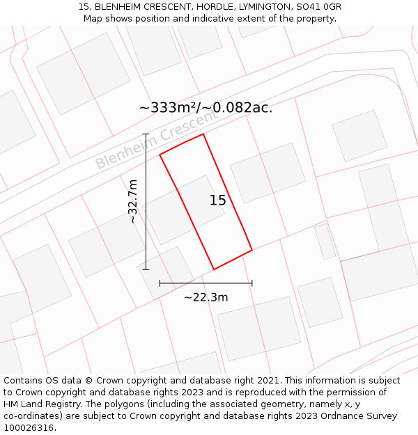 15, BLENHEIM CRESCENT, HORDLE, LYMINGTON, SO41 0GR: Plot and title map