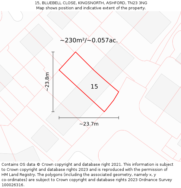 15, BLUEBELL CLOSE, KINGSNORTH, ASHFORD, TN23 3NG: Plot and title map