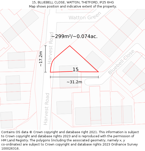 15, BLUEBELL CLOSE, WATTON, THETFORD, IP25 6HG: Plot and title map