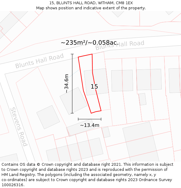 15, BLUNTS HALL ROAD, WITHAM, CM8 1EX: Plot and title map