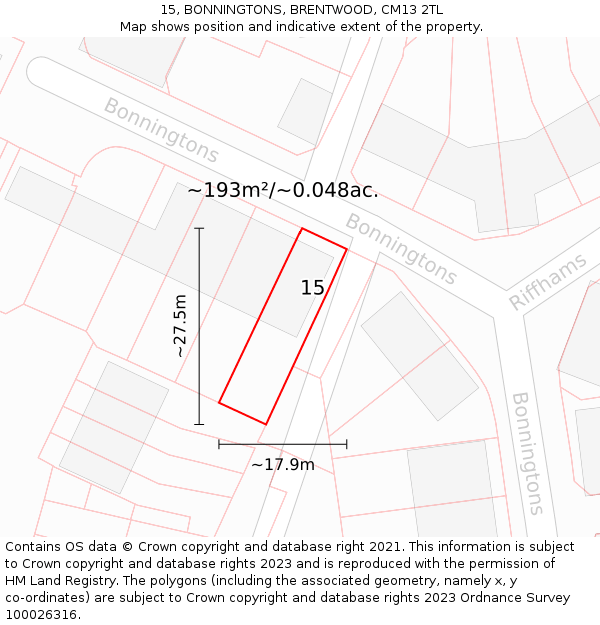 15, BONNINGTONS, BRENTWOOD, CM13 2TL: Plot and title map