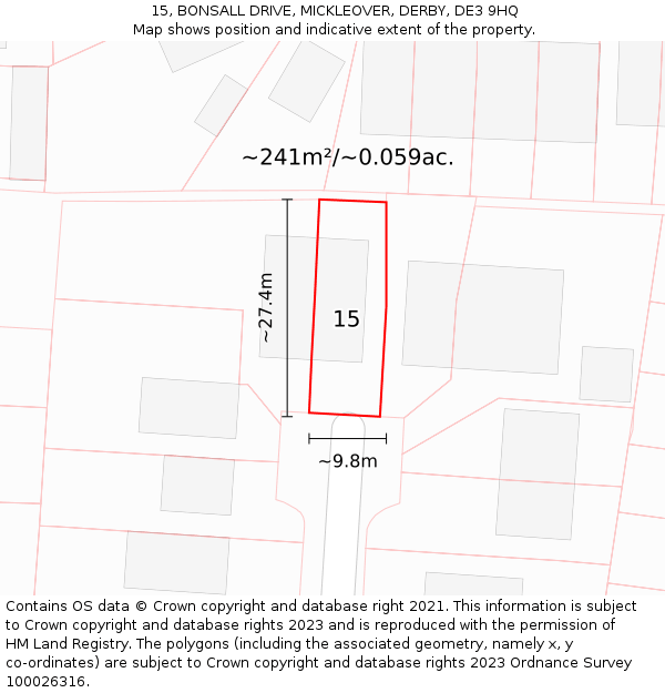 15, BONSALL DRIVE, MICKLEOVER, DERBY, DE3 9HQ: Plot and title map