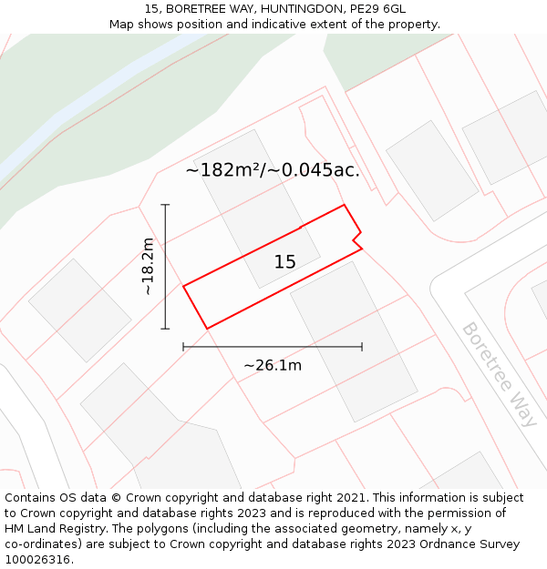 15, BORETREE WAY, HUNTINGDON, PE29 6GL: Plot and title map