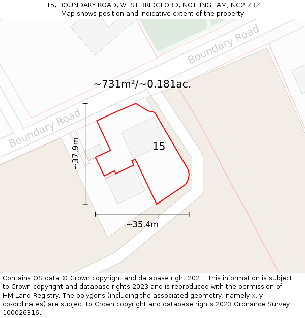 15, BOUNDARY ROAD, WEST BRIDGFORD, NOTTINGHAM, NG2 7BZ: Plot and title map