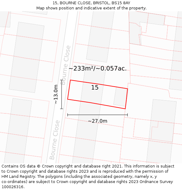 15, BOURNE CLOSE, BRISTOL, BS15 8AY: Plot and title map