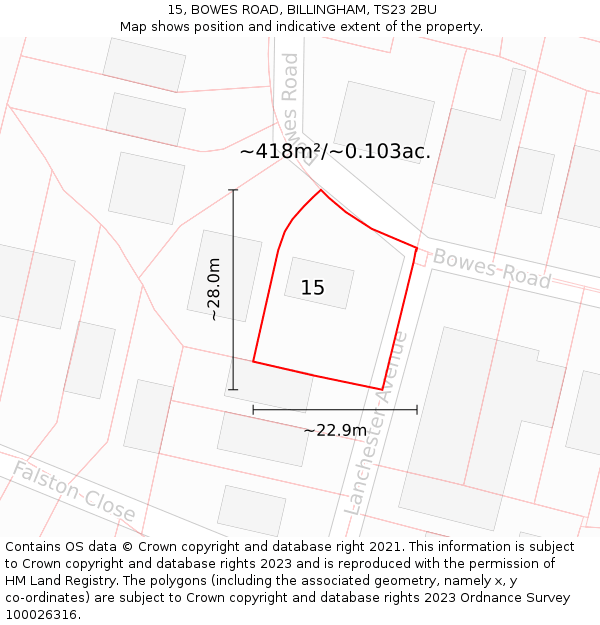 15, BOWES ROAD, BILLINGHAM, TS23 2BU: Plot and title map