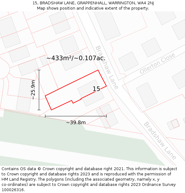 15, BRADSHAW LANE, GRAPPENHALL, WARRINGTON, WA4 2NJ: Plot and title map