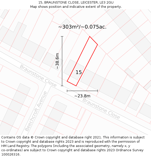 15, BRAUNSTONE CLOSE, LEICESTER, LE3 2GU: Plot and title map