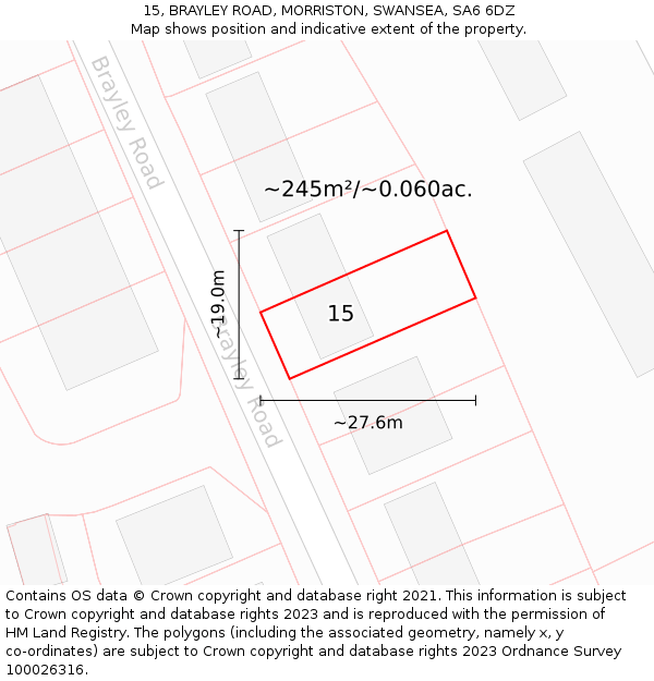 15, BRAYLEY ROAD, MORRISTON, SWANSEA, SA6 6DZ: Plot and title map