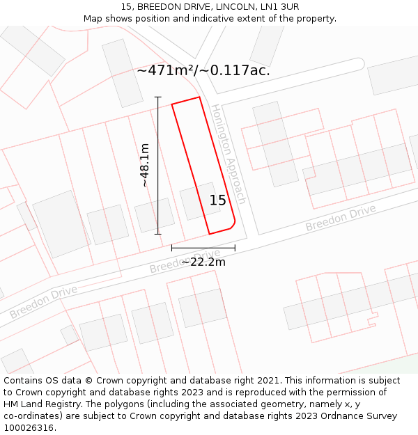 15, BREEDON DRIVE, LINCOLN, LN1 3UR: Plot and title map