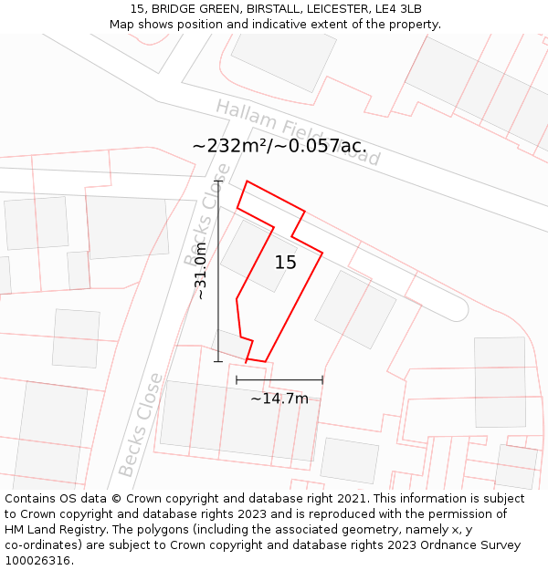 15, BRIDGE GREEN, BIRSTALL, LEICESTER, LE4 3LB: Plot and title map