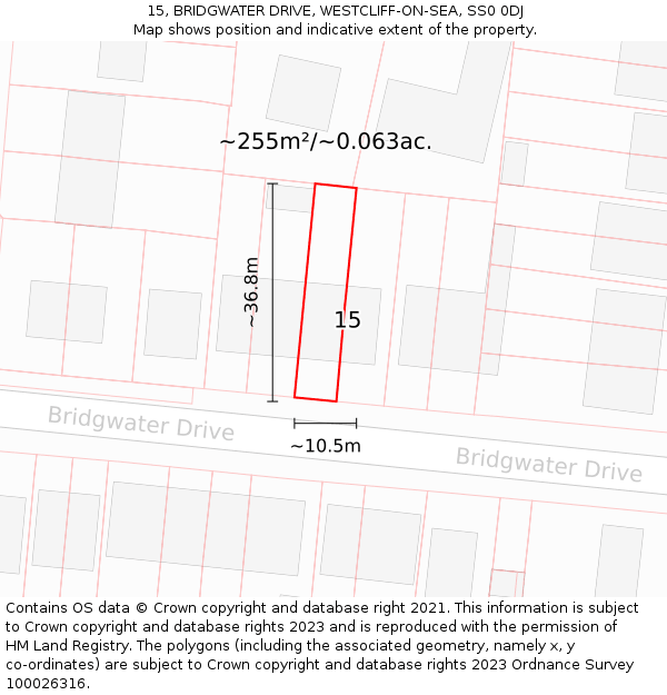 15, BRIDGWATER DRIVE, WESTCLIFF-ON-SEA, SS0 0DJ: Plot and title map