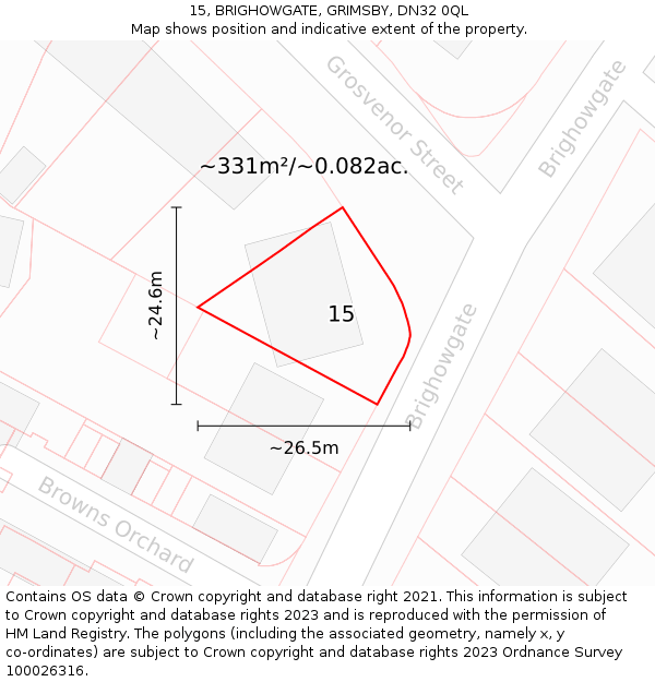 15, BRIGHOWGATE, GRIMSBY, DN32 0QL: Plot and title map