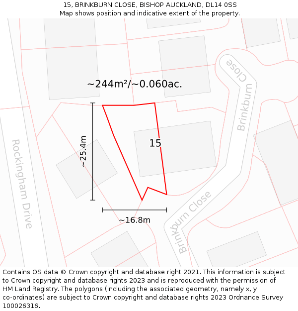 15, BRINKBURN CLOSE, BISHOP AUCKLAND, DL14 0SS: Plot and title map