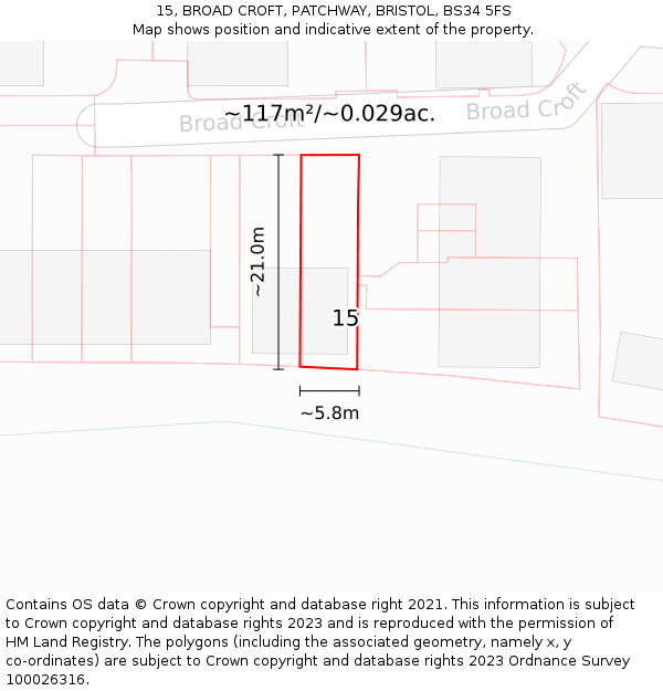 15, BROAD CROFT, PATCHWAY, BRISTOL, BS34 5FS: Plot and title map