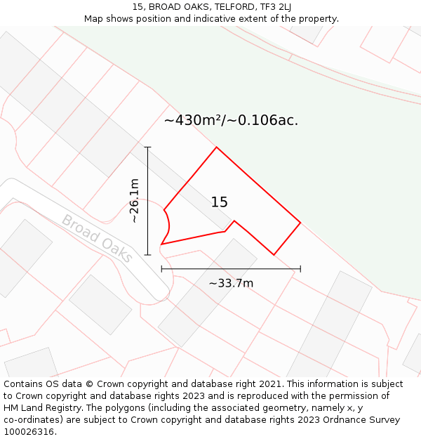 15, BROAD OAKS, TELFORD, TF3 2LJ: Plot and title map