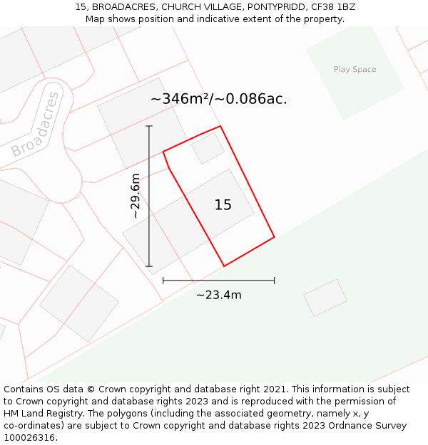 15, BROADACRES, CHURCH VILLAGE, PONTYPRIDD, CF38 1BZ: Plot and title map