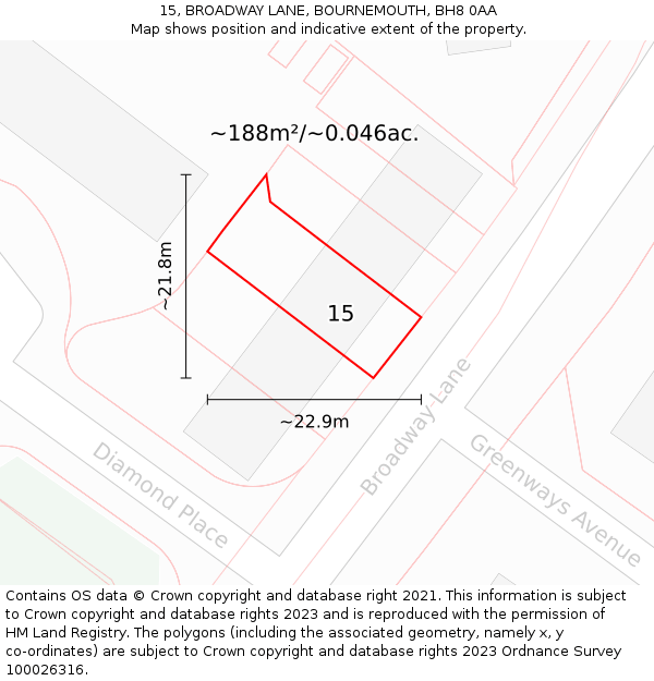 15, BROADWAY LANE, BOURNEMOUTH, BH8 0AA: Plot and title map