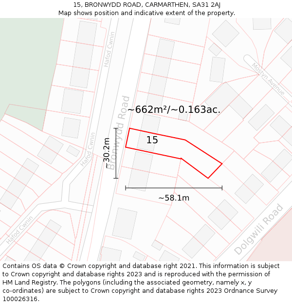 15, BRONWYDD ROAD, CARMARTHEN, SA31 2AJ: Plot and title map