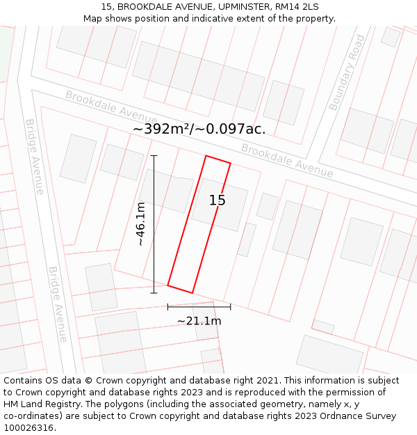 15, BROOKDALE AVENUE, UPMINSTER, RM14 2LS: Plot and title map