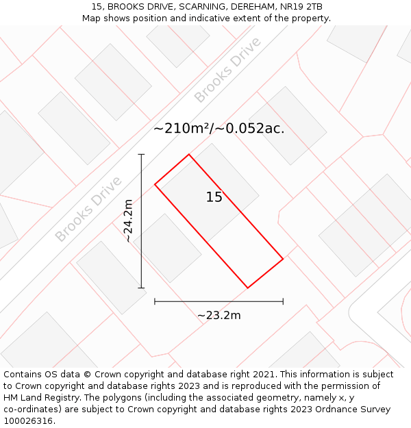 15, BROOKS DRIVE, SCARNING, DEREHAM, NR19 2TB: Plot and title map