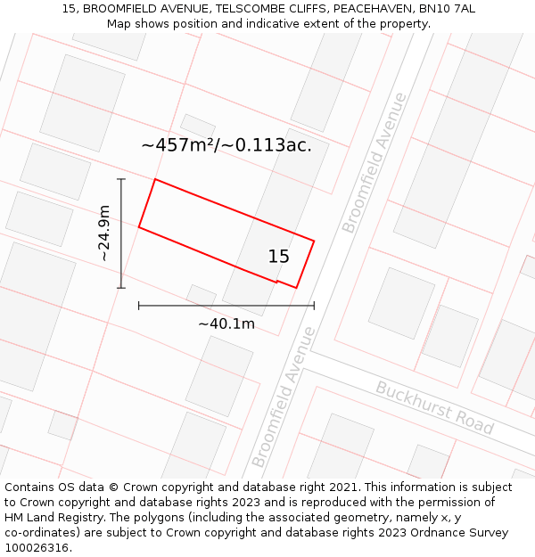 15, BROOMFIELD AVENUE, TELSCOMBE CLIFFS, PEACEHAVEN, BN10 7AL: Plot and title map