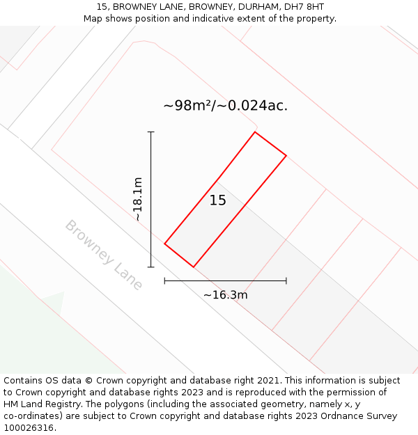 15, BROWNEY LANE, BROWNEY, DURHAM, DH7 8HT: Plot and title map