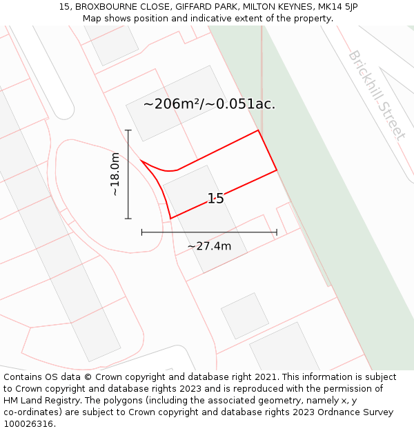 15, BROXBOURNE CLOSE, GIFFARD PARK, MILTON KEYNES, MK14 5JP: Plot and title map