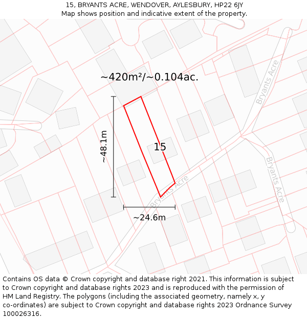 15, BRYANTS ACRE, WENDOVER, AYLESBURY, HP22 6JY: Plot and title map