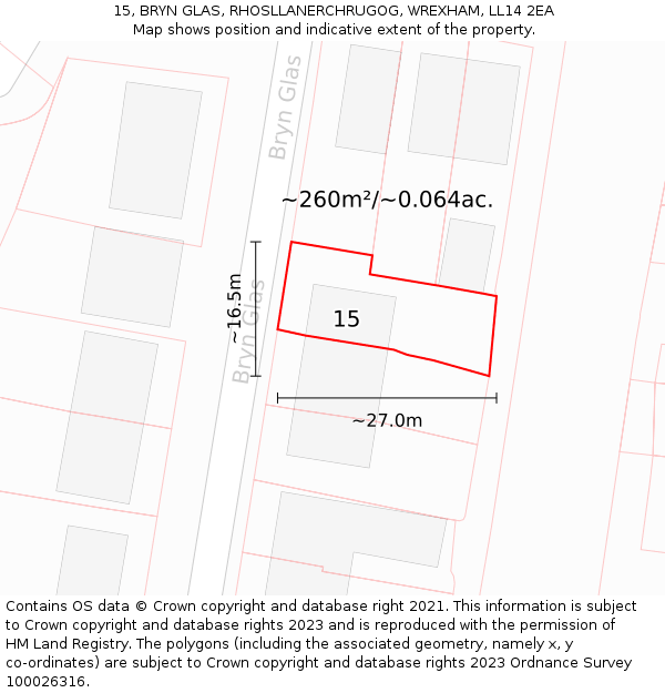 15, BRYN GLAS, RHOSLLANERCHRUGOG, WREXHAM, LL14 2EA: Plot and title map