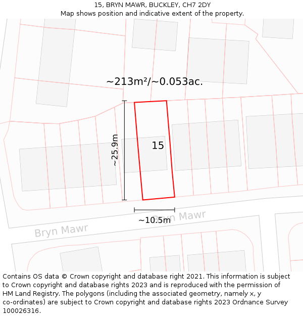 15, BRYN MAWR, BUCKLEY, CH7 2DY: Plot and title map