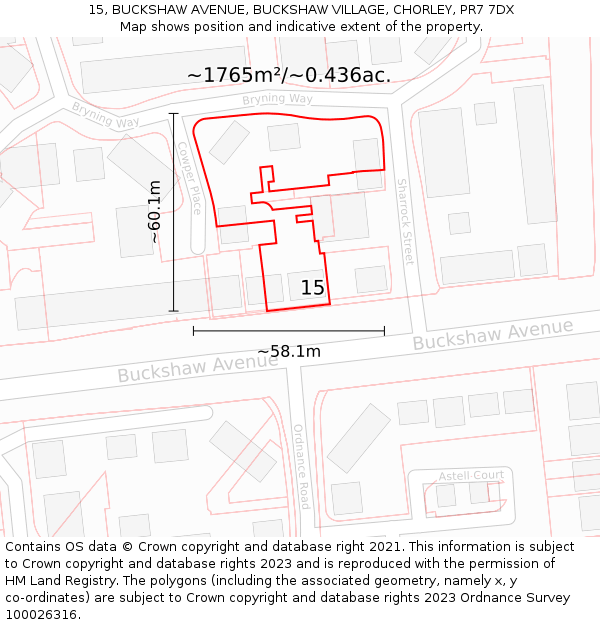 15, BUCKSHAW AVENUE, BUCKSHAW VILLAGE, CHORLEY, PR7 7DX: Plot and title map