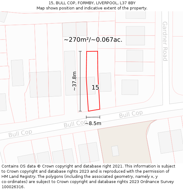 15, BULL COP, FORMBY, LIVERPOOL, L37 8BY: Plot and title map