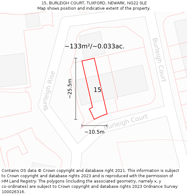 15, BURLEIGH COURT, TUXFORD, NEWARK, NG22 0LE: Plot and title map