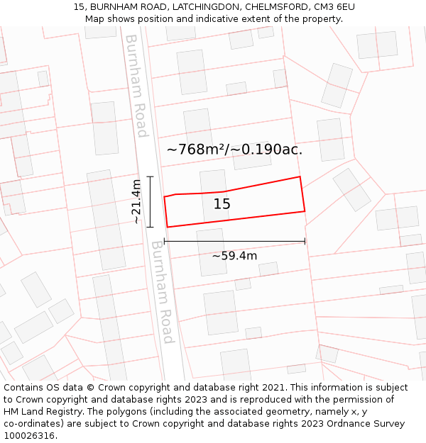 15, BURNHAM ROAD, LATCHINGDON, CHELMSFORD, CM3 6EU: Plot and title map