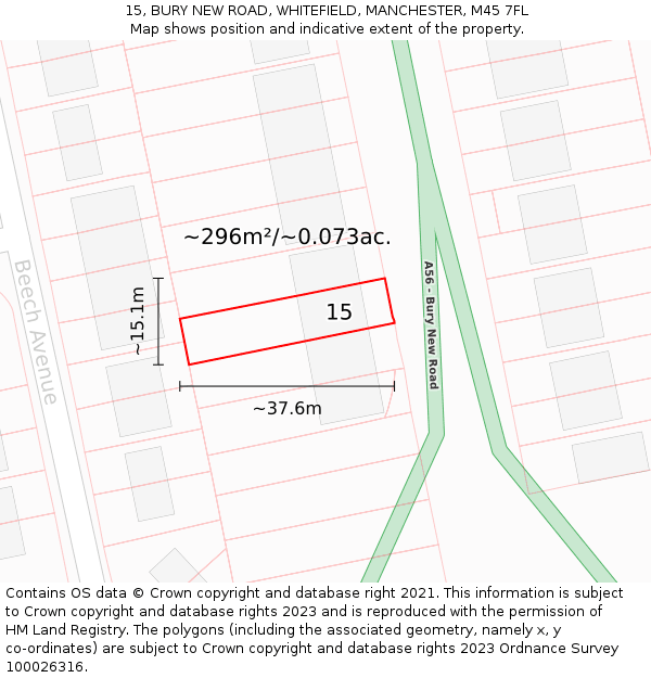 15, BURY NEW ROAD, WHITEFIELD, MANCHESTER, M45 7FL: Plot and title map