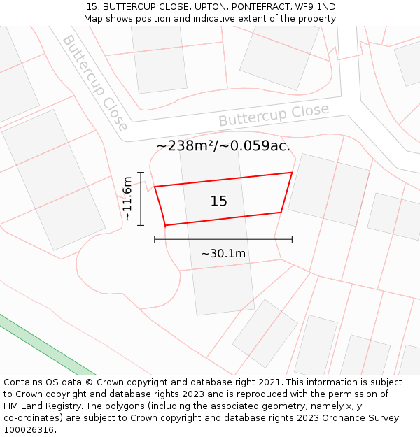 15, BUTTERCUP CLOSE, UPTON, PONTEFRACT, WF9 1ND: Plot and title map