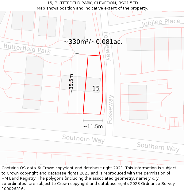 15, BUTTERFIELD PARK, CLEVEDON, BS21 5ED: Plot and title map