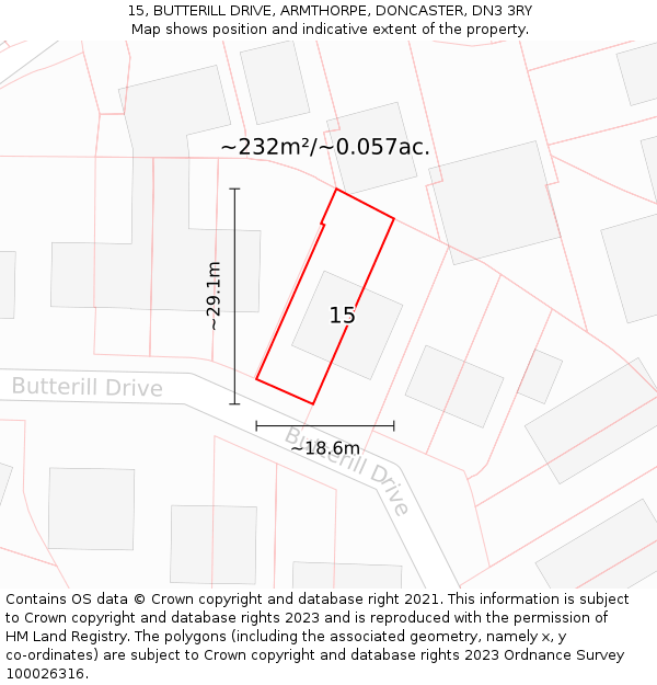 15, BUTTERILL DRIVE, ARMTHORPE, DONCASTER, DN3 3RY: Plot and title map